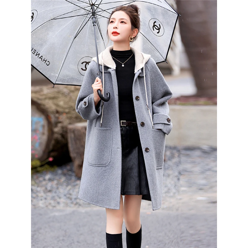 2025秋冬小个子休闲连帽双面尼大衣女中长款爆款高级感毛呢外套