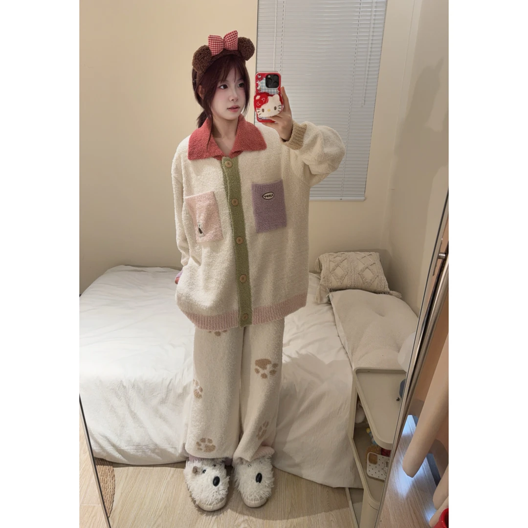 甜美简约撞色针织开衫半边绒睡衣女春秋季新款保暖家居服加厚套装