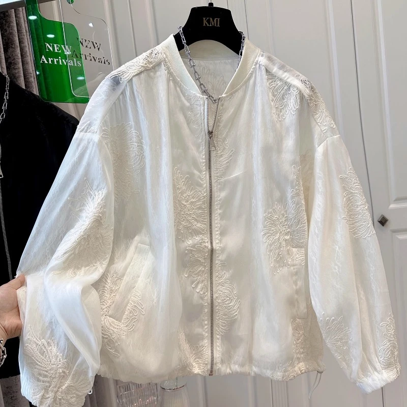 2025欧洲站立领刺绣蕾丝时尚防晒服女外套户外运动宽松棒球服夏款