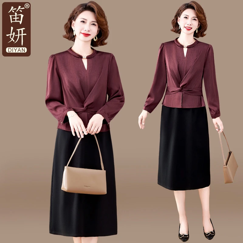 喜婆婆婚宴装2025新款洋气妈妈秋装假两件连衣裙中老年女秋季裙子