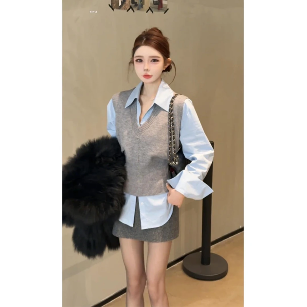 【 氧气韩妹】气质时尚衬衫马甲两件套2025秋冬高级叠穿极简风套装