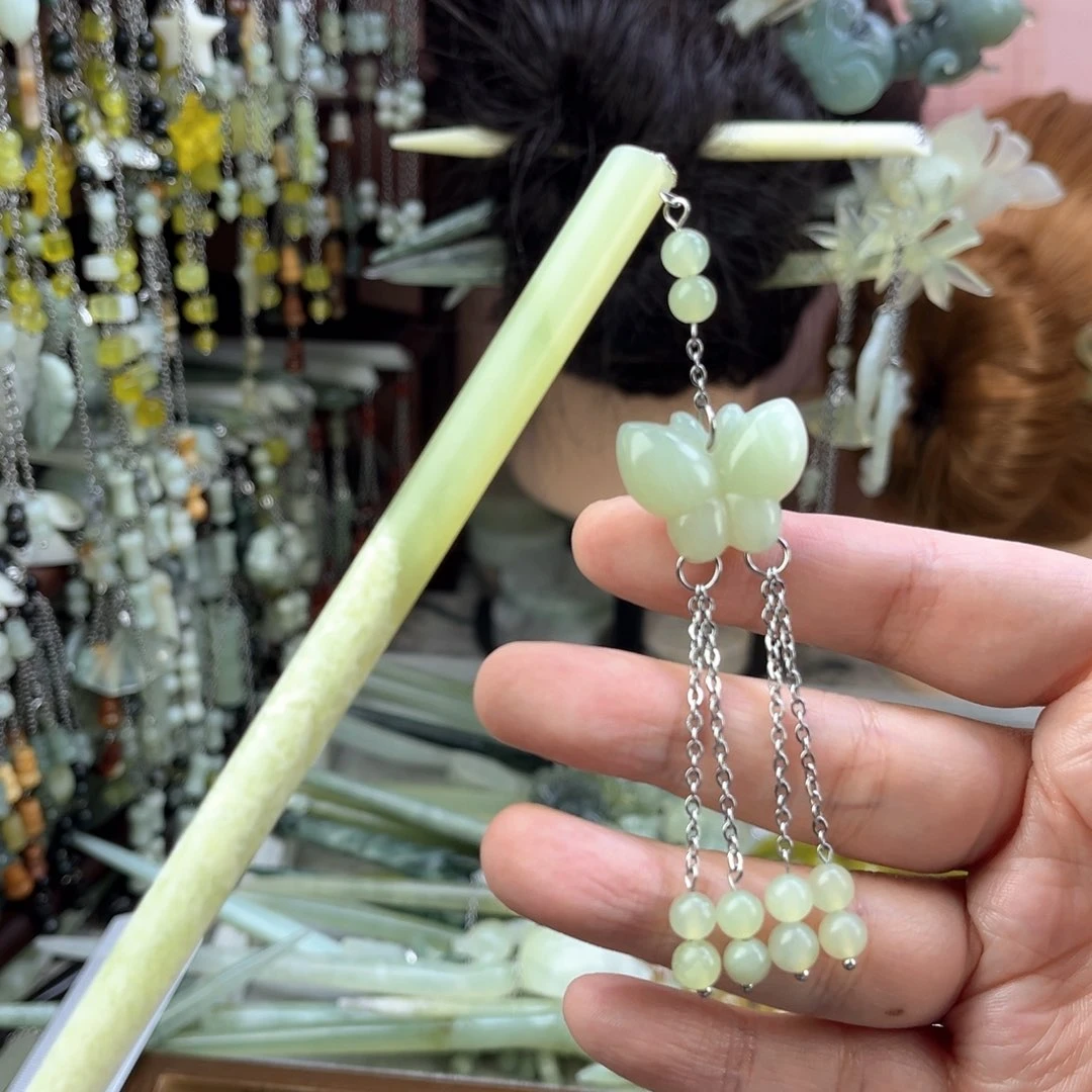 蛇纹石玉发饰未镶嵌长度18.5厘米左右