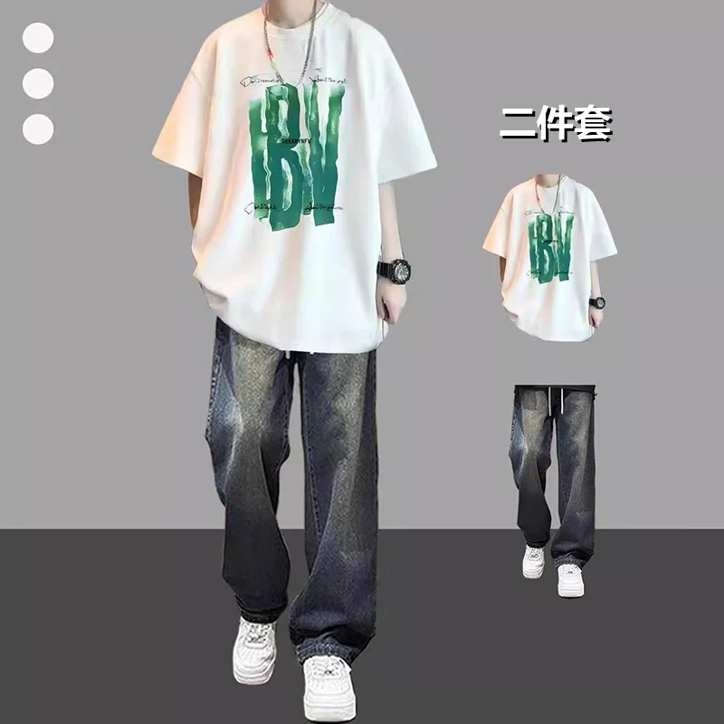 美式短袖t恤夏季套装男生潮流宽松体恤搭配牛仔裤痞帅气男装一套