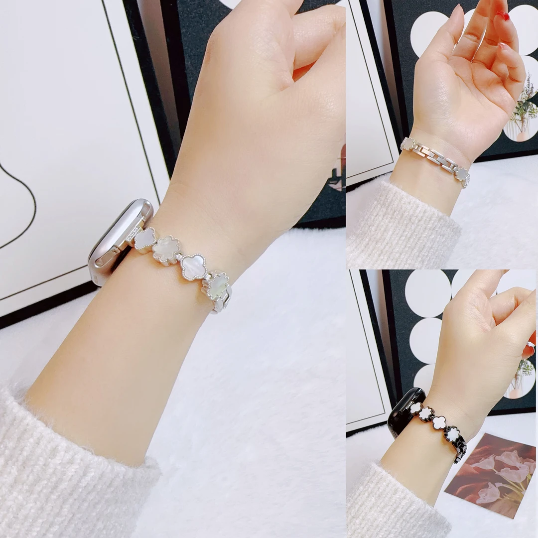 适用苹果apple watch表带镶钻金属四叶草贝母iwtchs789小众手表带