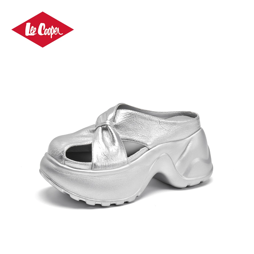 【7CM增高】LEE COOPER厚底包头半拖鞋女2025夏款交叉软皮凉鞋拖鞋