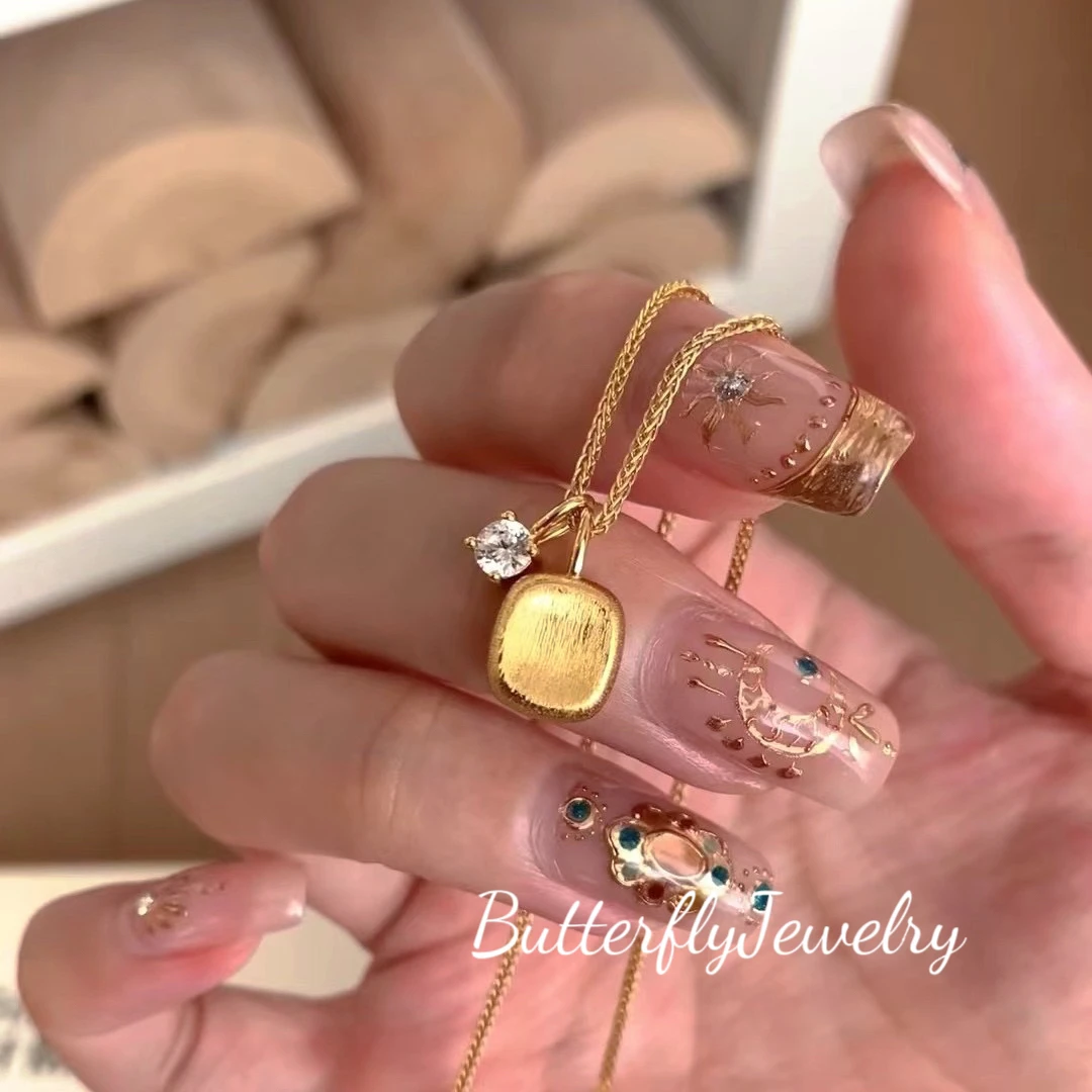 坠链均925银 中古拉丝轻奢高级感珠宝925纯银中古拉丝小方糖项链