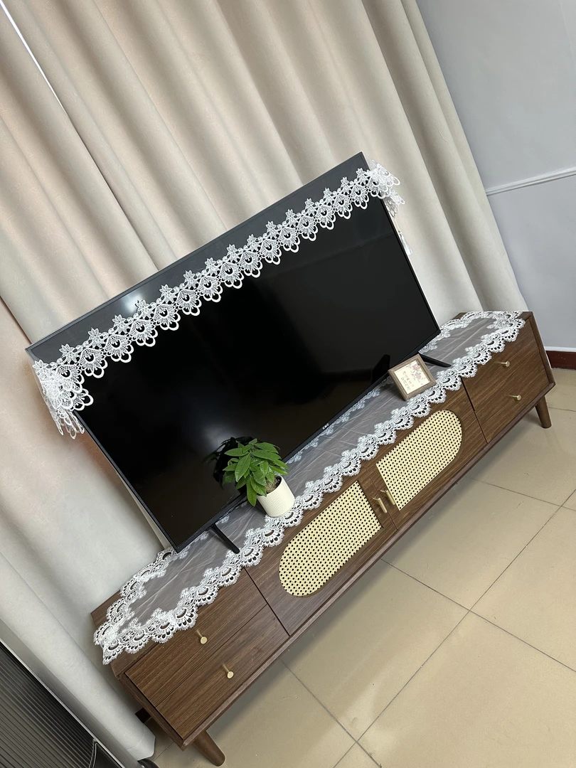 A98-1蕾丝凤尾花边电视盖巾茶桌电视机罩防尘餐桌纯白（40*120）