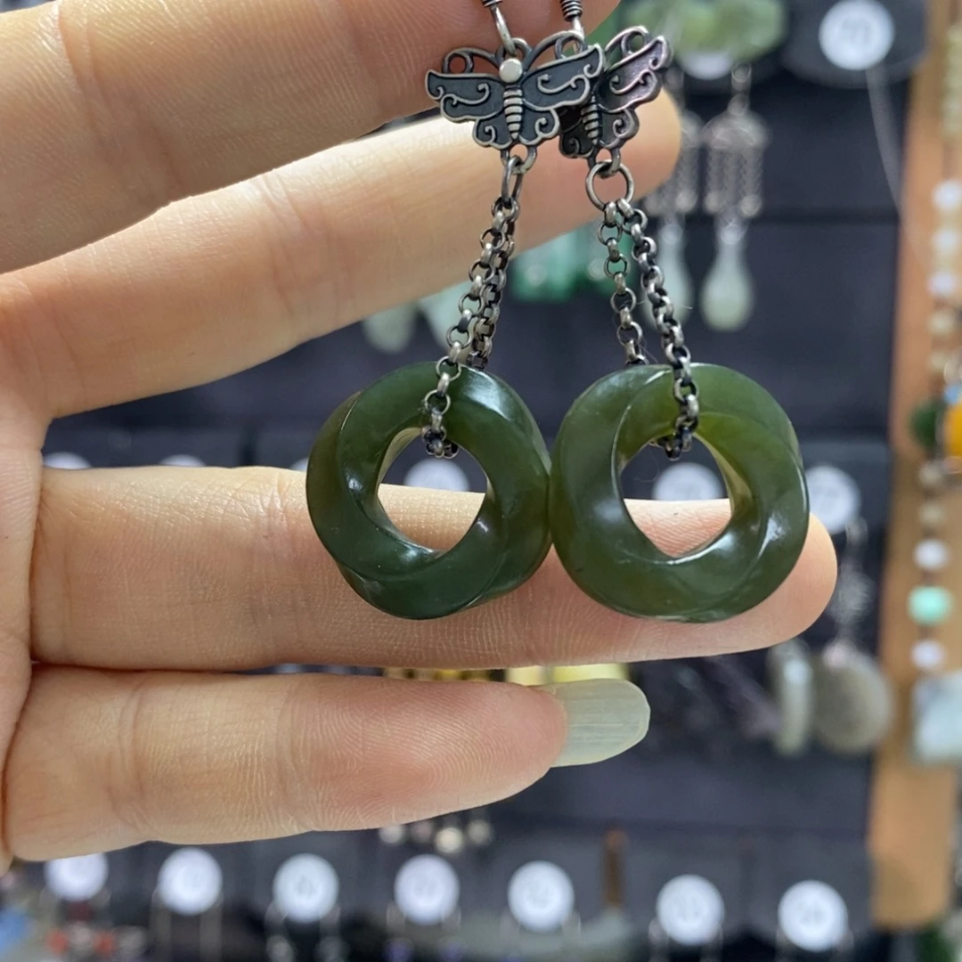 和田玉银S925镶嵌耳饰