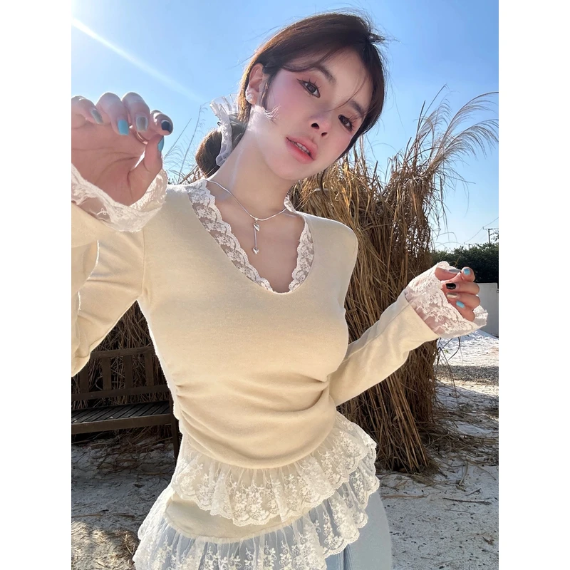 【HuiHui】韩系芭蕾风蕾丝拼接T桖上衣