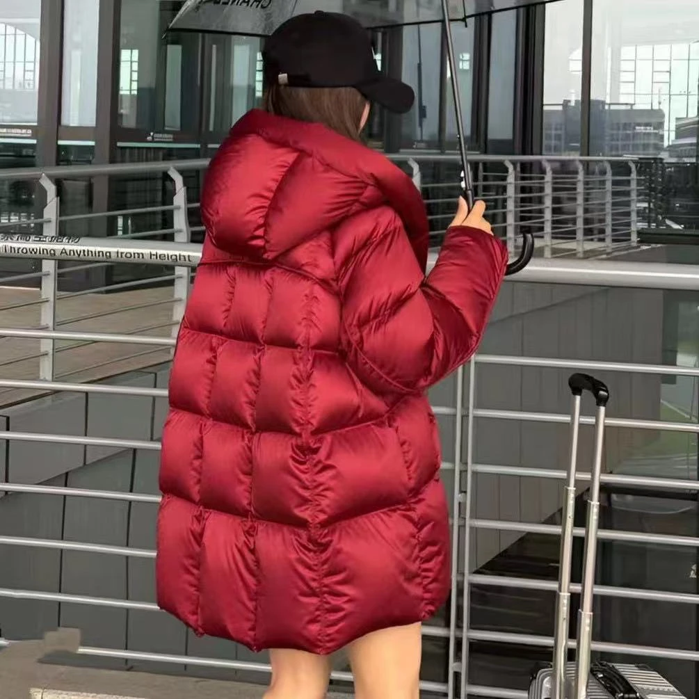 顶奢缎光感大朵绒高充绒云朵零压轻暖90中长款韩版宽松连帽鹅绒服