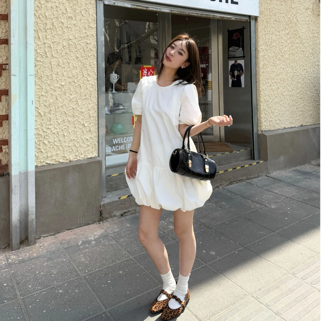 ONLY2025秋季新款纯色圆领短袖短裙花苞裙连衣裙女|125107035