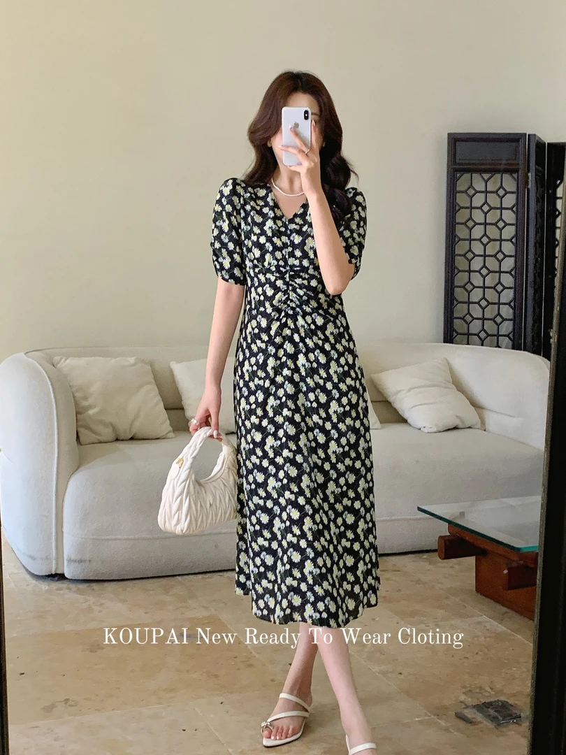 100桑蚕丝V领褶皱连衣裙 -DD KDL1502