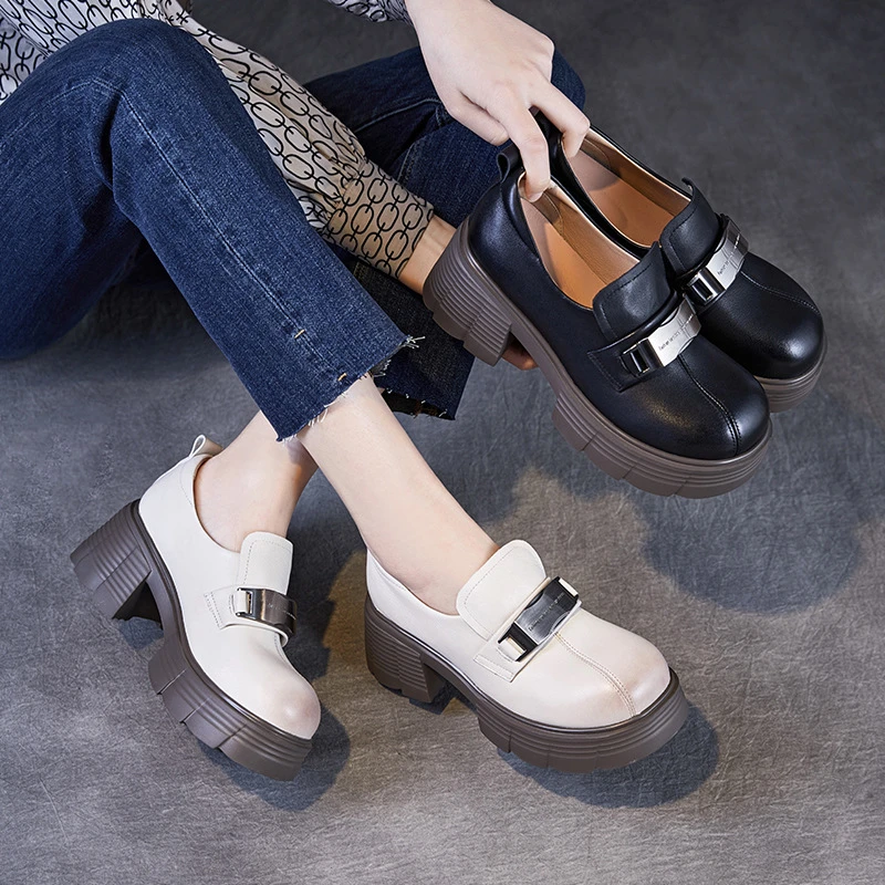 2025春季新款头层牛皮乐福鞋258235圆头厚底高跟深口单鞋百搭