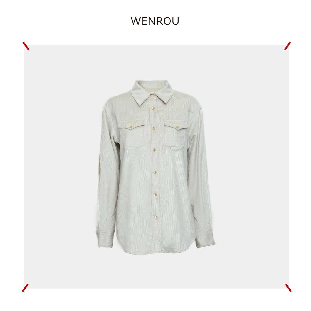 温柔自知 优雅气质长袖衬衫翻领冬季白色灯芯绒衬衫C-238
