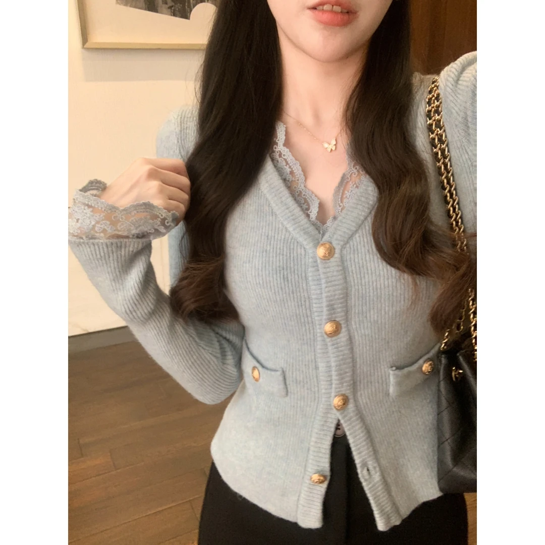 安安 气质V领蕾丝小香风毛衣开衫