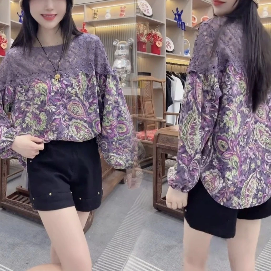 圆领镂空碎花设计感长袖雪纺衫新款宽松显瘦洋气上衣