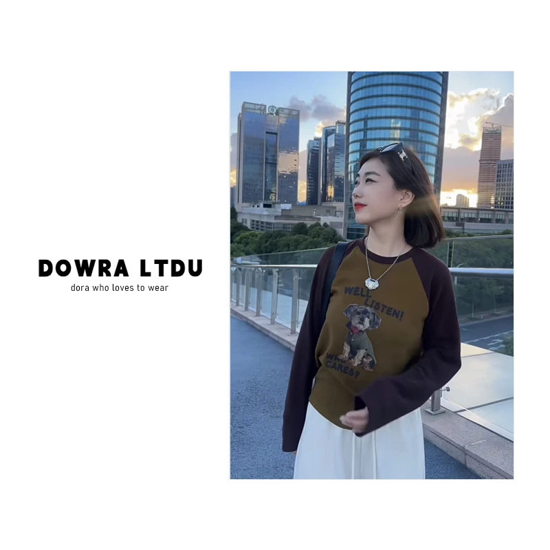 朵拉【趣味小狗】2025年冬季新款撞色圆领卡通长袖加绒T恤016-80136