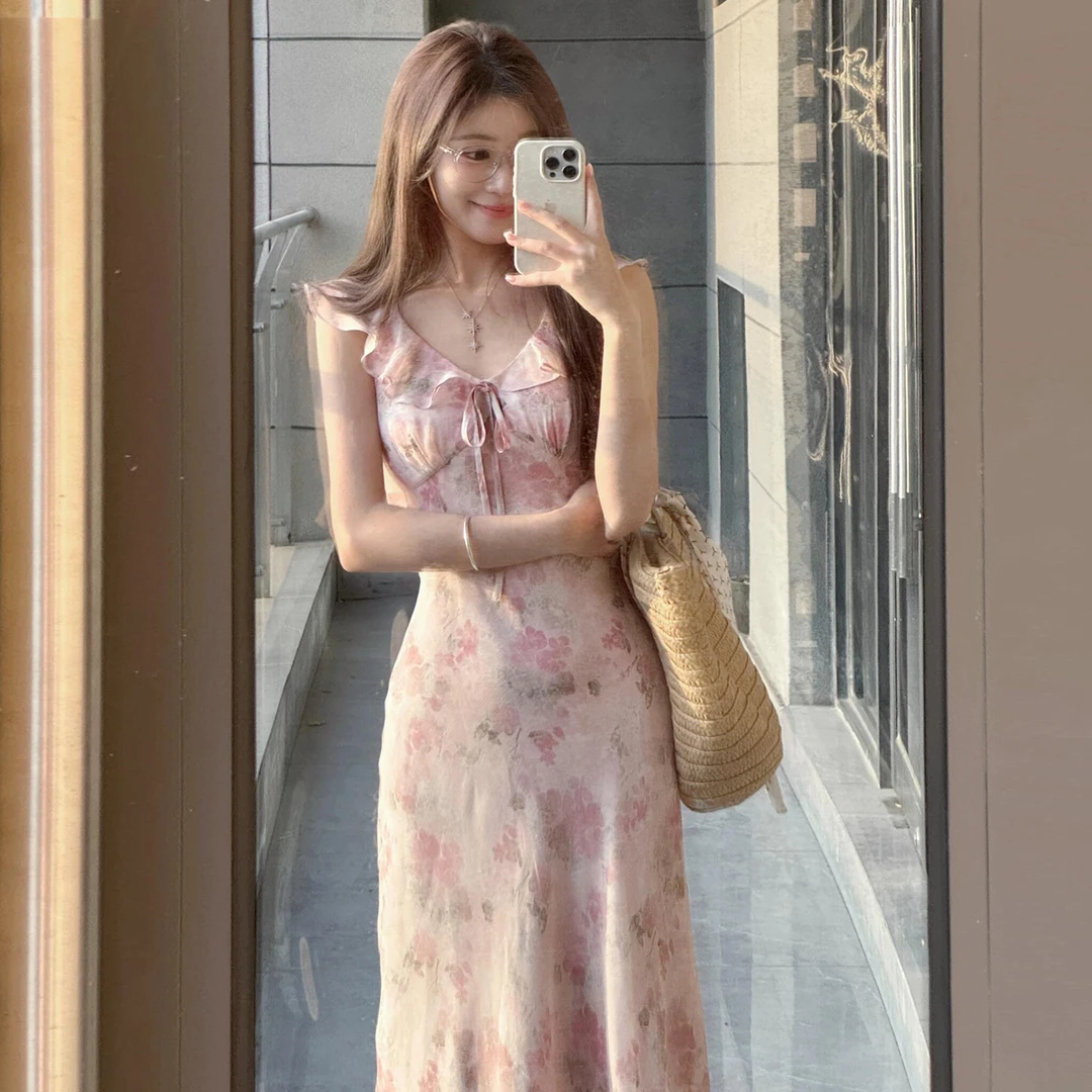 法式气质小飞袖连衣裙2025夏季新款爆款今年流行雪纺碎花长裙4836