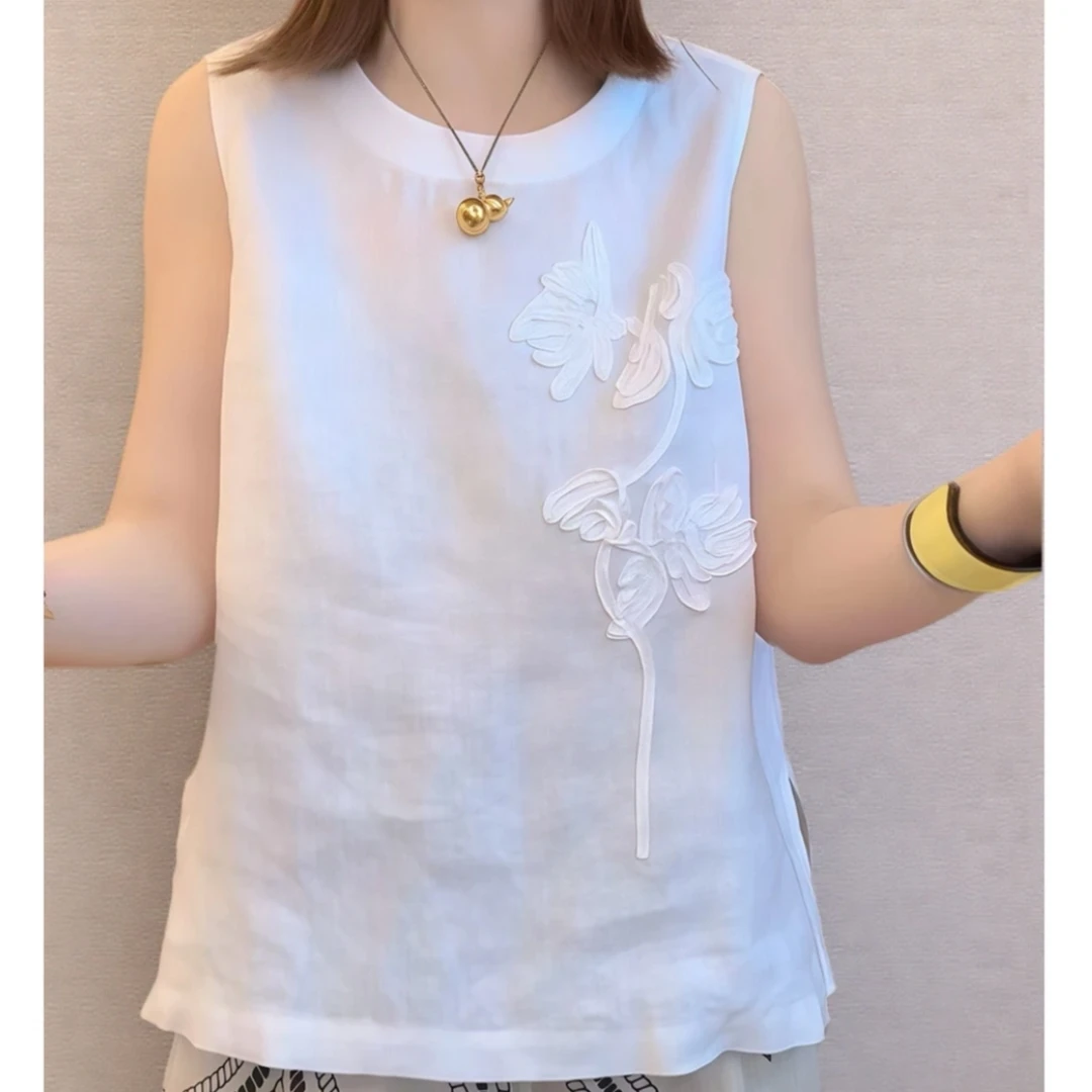 【芍药花亚麻背心】2025新款圆领无袖背心侧开叉短袖设计感上衣女潮