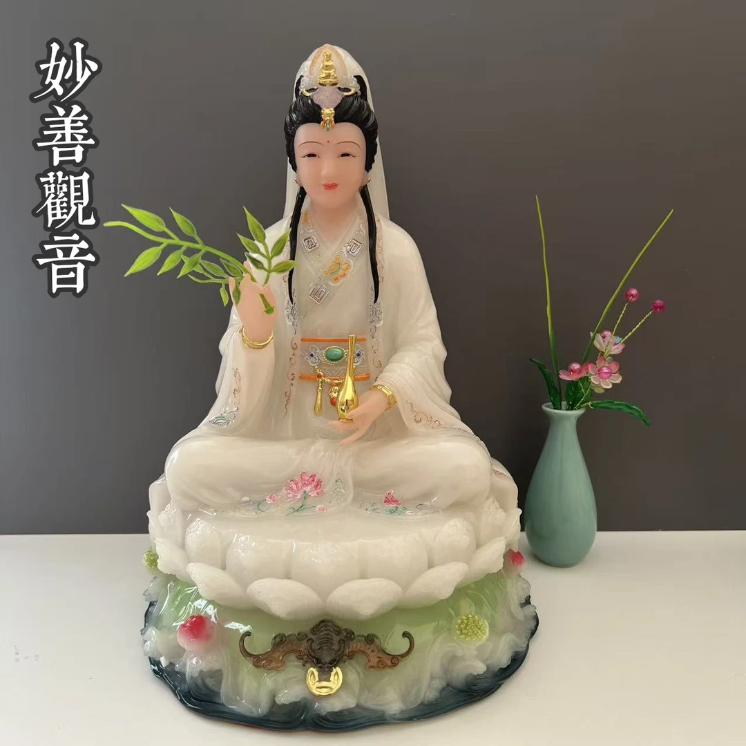 新款汉白玉妙善观音佛像居家供奉坐莲南海观世音菩萨家用佛堂摆件