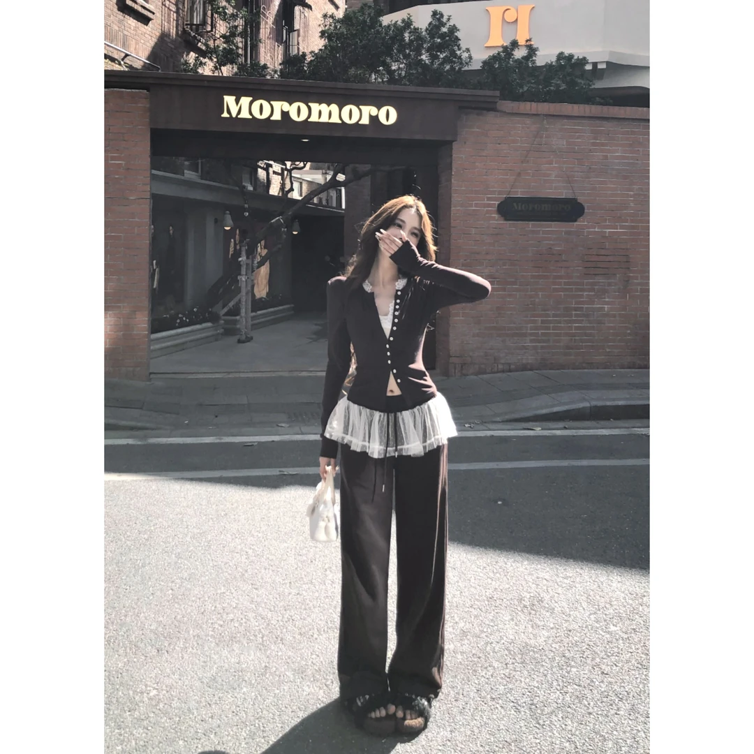 婉君【云朵慕斯】复古网纱裙边直筒休闲长裤LWJ24D4K2346