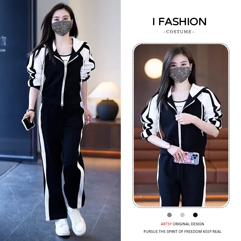 洋气时髦运动服套装女士2026年春秋新款休闲减龄上衣阔腿裤两件套