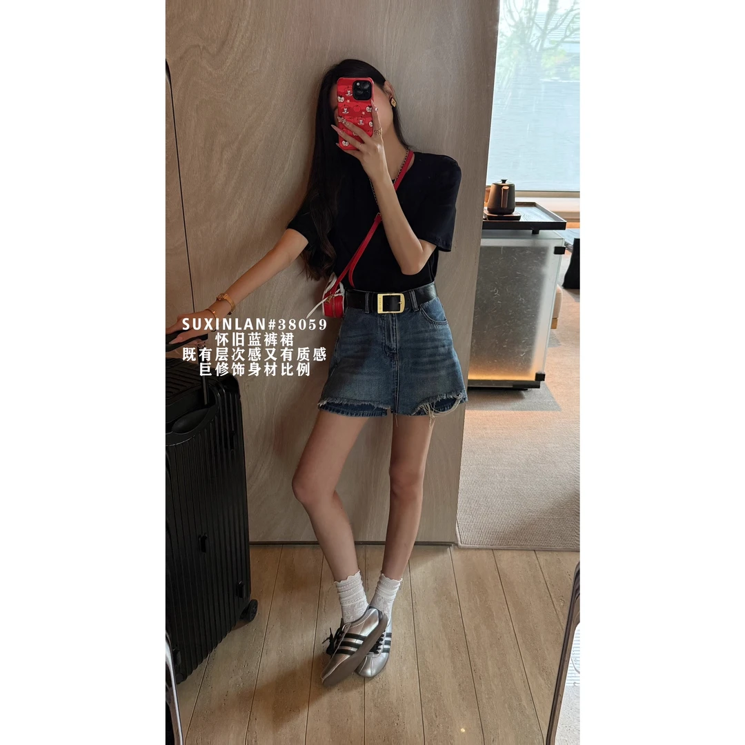 /复古风磨破个性短裤宽松配腰带裙裤配腰带