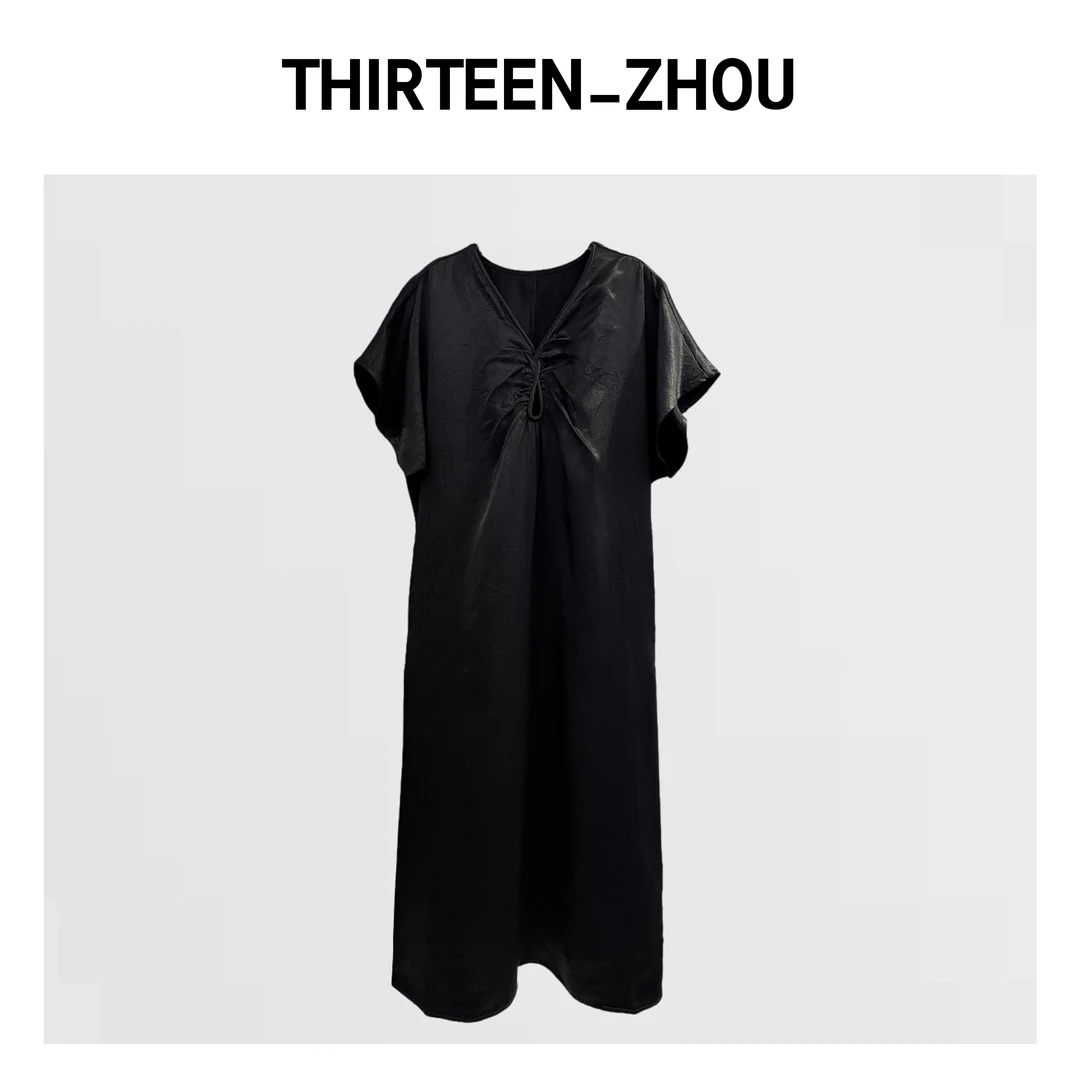 THIRTEEN-ZHOU法式轻奢100醋酸V领肌理感褶皱连衣裙 宽松