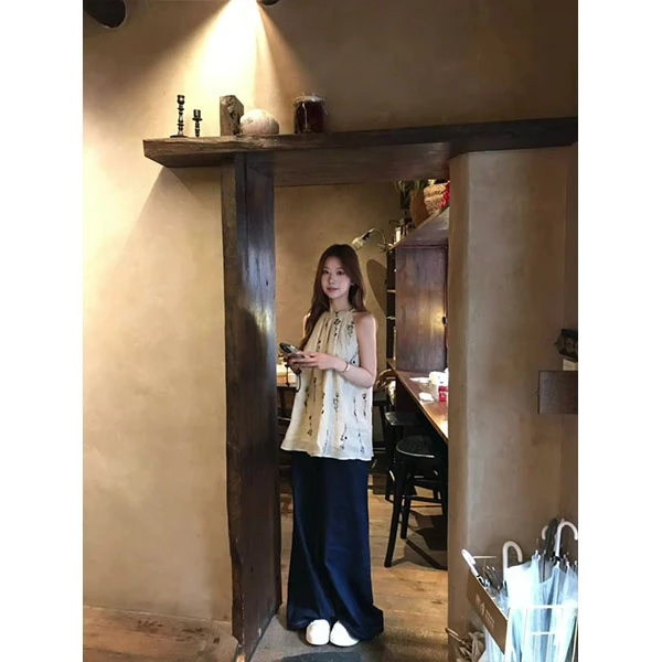 花朵背心上衣2025夏季新款法式复古宽松休闲无袖外穿休闲长裤套装