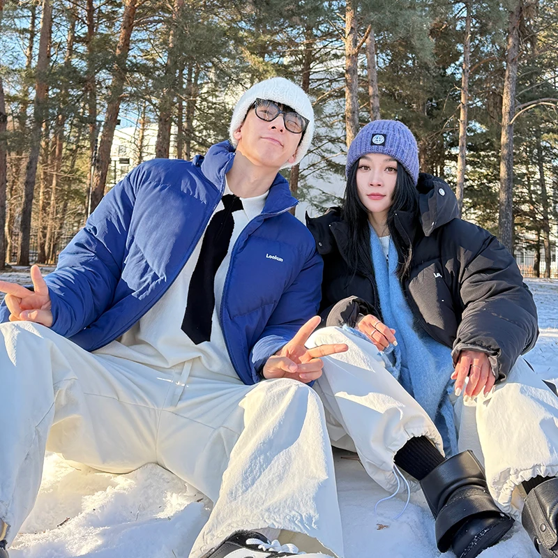 Lookun 冰川湖 棉服外套保暖简约情侣宽松百搭可拆卸帽冬季男休闲