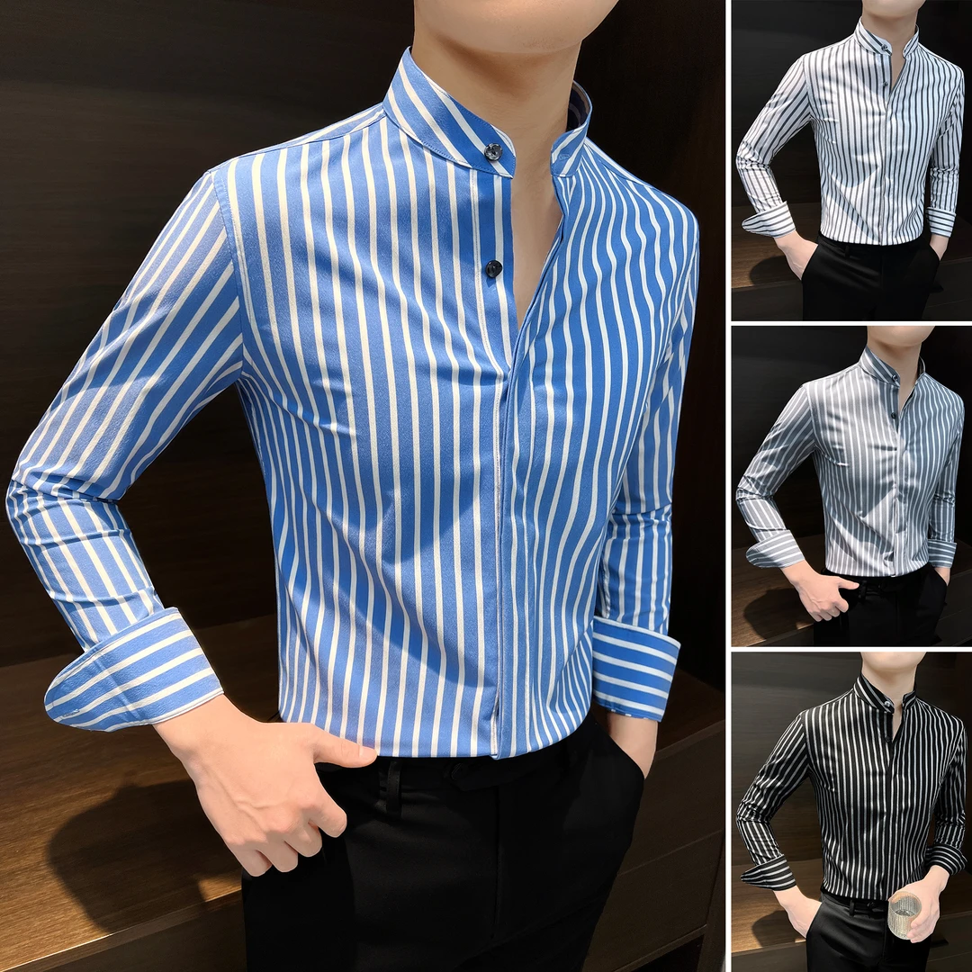 立领条纹衬衫男款长袖新中式男装夏季薄款痞帅高级感暗扣男士衬衣