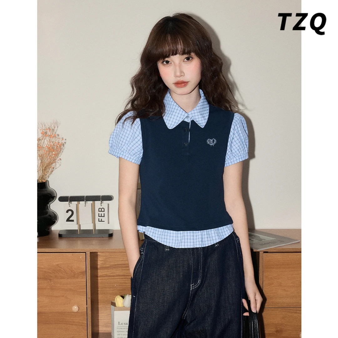格子假两件短袖t恤女2025夏季新款韩系学院风短款上衣TZQ2541213