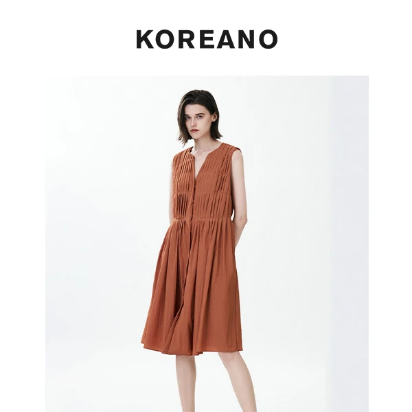 【KOREANO】夏季焦糖色无袖褶皱纯色连衣裙  LW3082(JUN)A