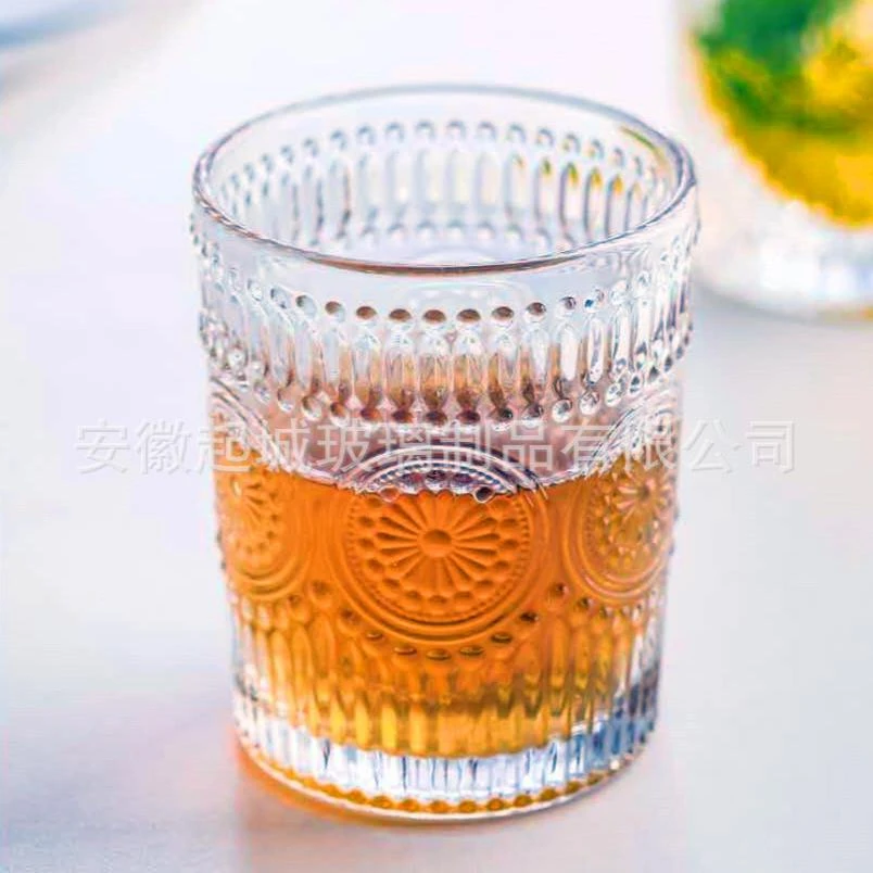北欧复古玻璃杯ins风边太阳花玻璃杯浮雕杯子奶茶生产