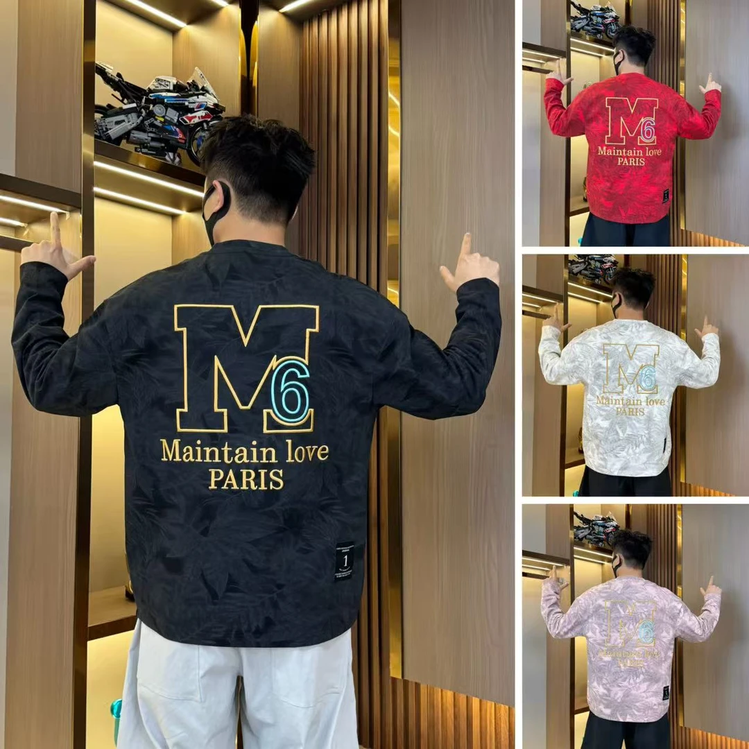 秋季新品男士长袖M字母刺绣工艺潮牌百搭时尚高级宽松版型T恤上衣