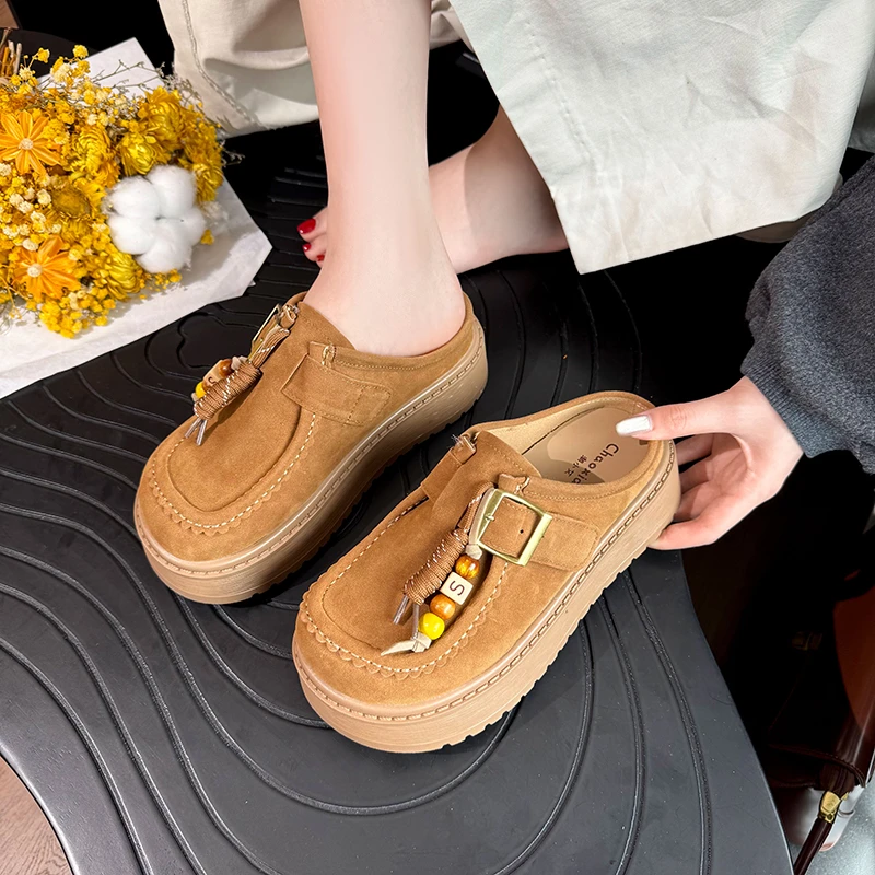 厚底勃肯鞋拖鞋女2025年秋季新款复古串珠百搭松糕底增高袋鼠鞋子