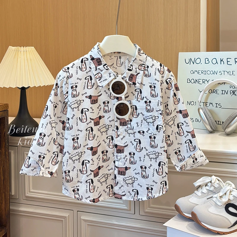 儿童纯棉衬衫秋季新款男童韩版满印卡通长袖衬衣休闲百搭宝宝秋装