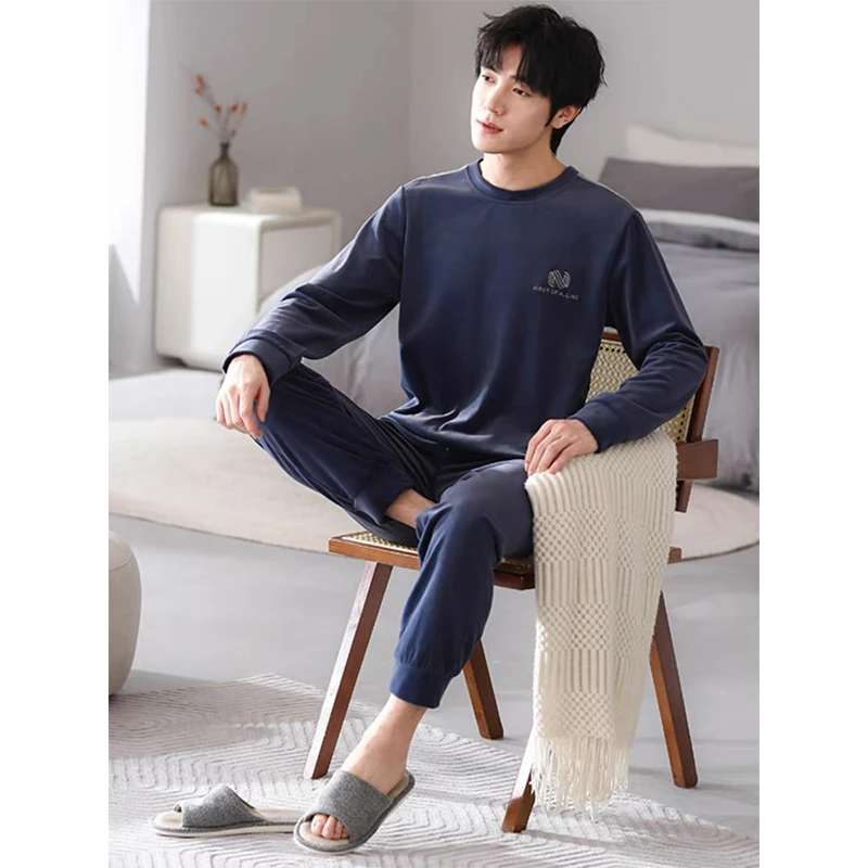 新款海岛绒睡衣男秋冬圆领套头休闲简约高级感加绒保暖家居服套装