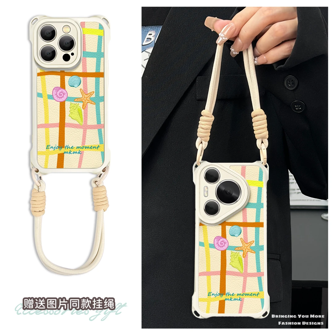 适用于苹果16华为OPPO小米VIVO个性简约四角挂绳手机壳YA0252