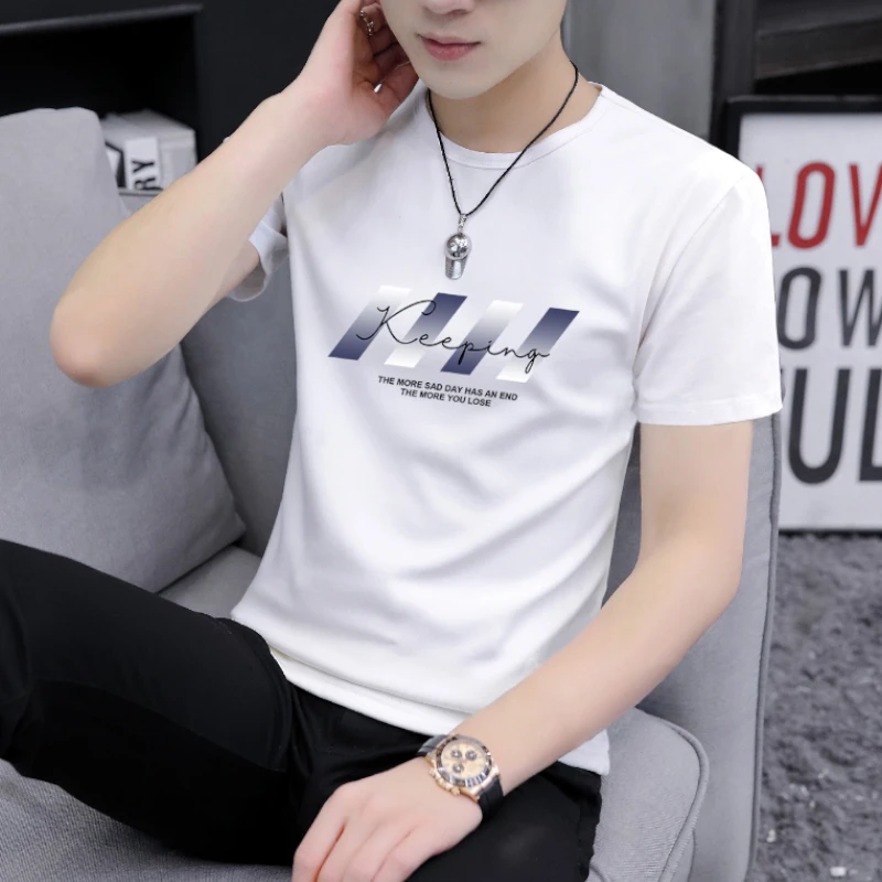 夏季男装纯棉优质短袖t恤修身薄款百搭圆领上衣流行冰感男半袖衫