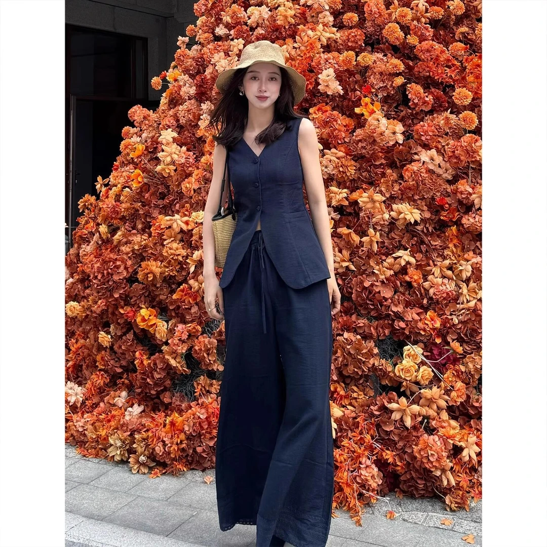 2025夏季高级老钱风马甲亚麻套装女新款气质显瘦上衣休闲裤两件套