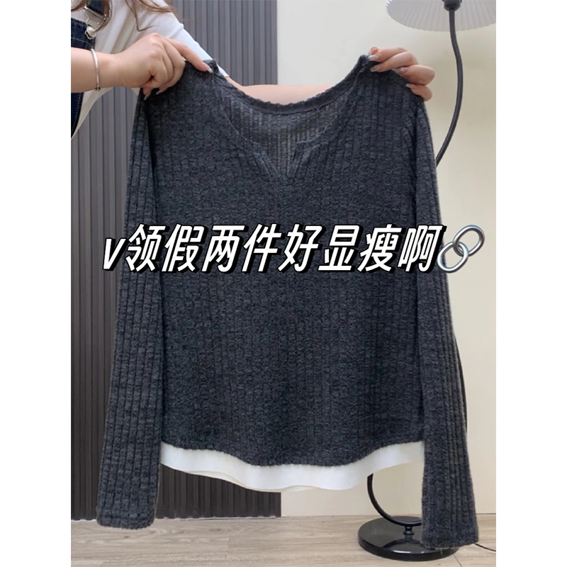 大码胖mm200斤韩系chic气质小v领拼接正肩假两件上衣女秋冬季新款