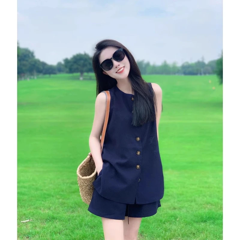 夏季小众无袖复古老钱风亚麻马甲套装女背心休闲短裤高级感两件套