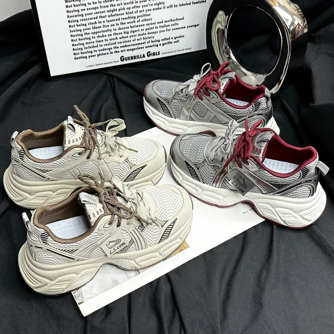 【Nui】2025新款休闲风运动鞋皮网拼接老爹鞋春夏季爆款厚底潮流女