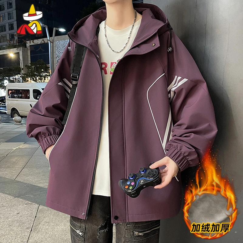 稻草人秋冬青少年连帽加绒加厚保暖外套潮流百搭宽松休闲夹克上衣