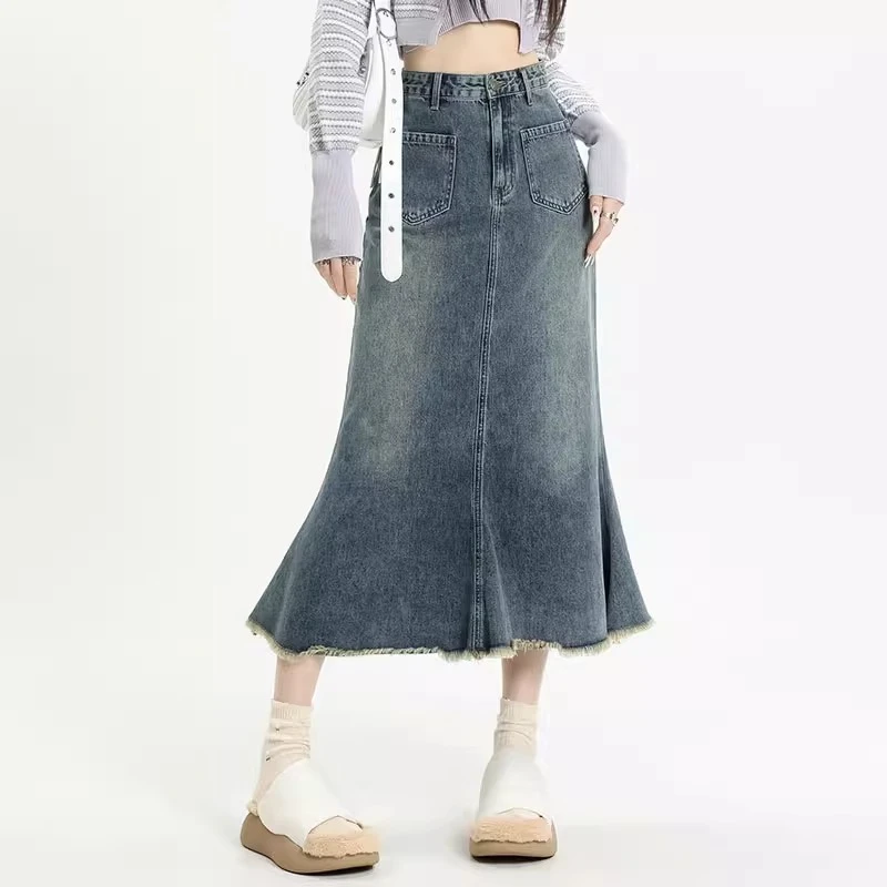 复古牛仔半身裙女2025年春夏中长款高腰显瘦遮跨a字包臀鱼尾裙子