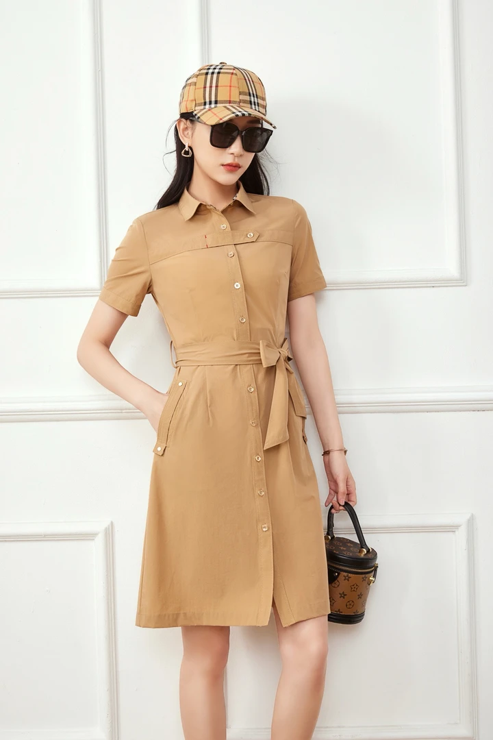 夏季新款显瘦翻领短袖收腰中长纯欲风连衣裙