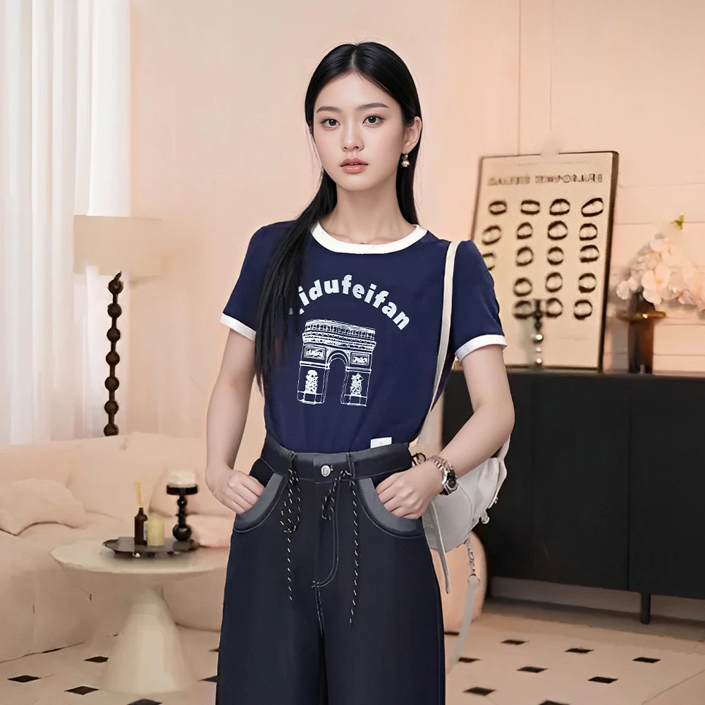 撞色边圆领字母印花潮流T恤时尚百搭舒适拼接女士休闲打底衫MZK