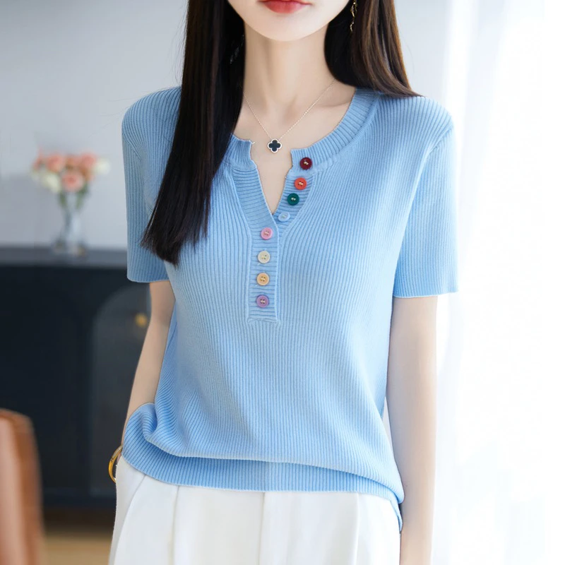 韩版彩色纽扣V领小香风针织衫女夏季新款减龄时尚百搭显瘦上衣