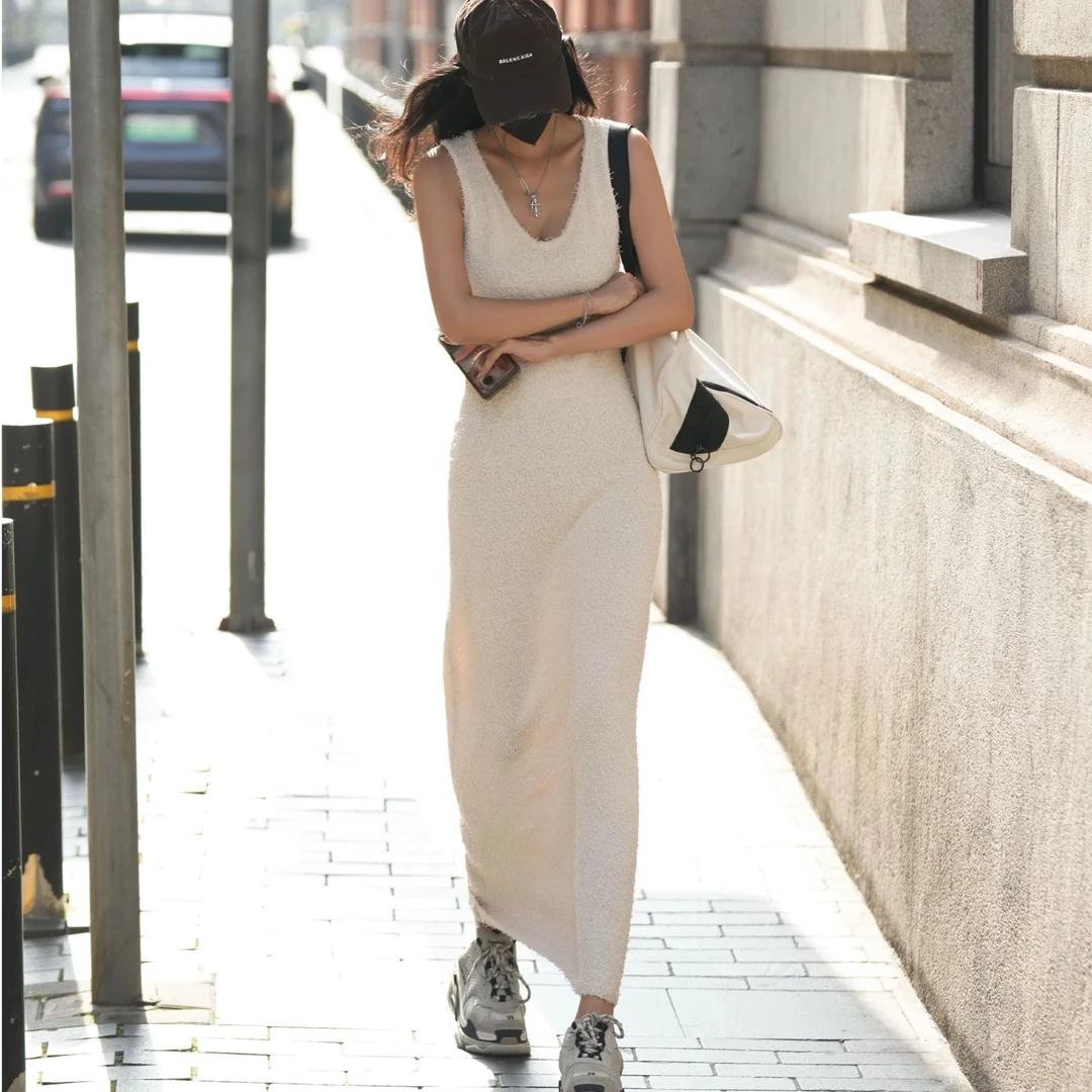 南油设计师粗花针织百搭连衣裙气质纯色长裙